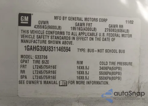 2003 Chevrolet Express из США, поврежденный, VIN 1GAHG39U831146459